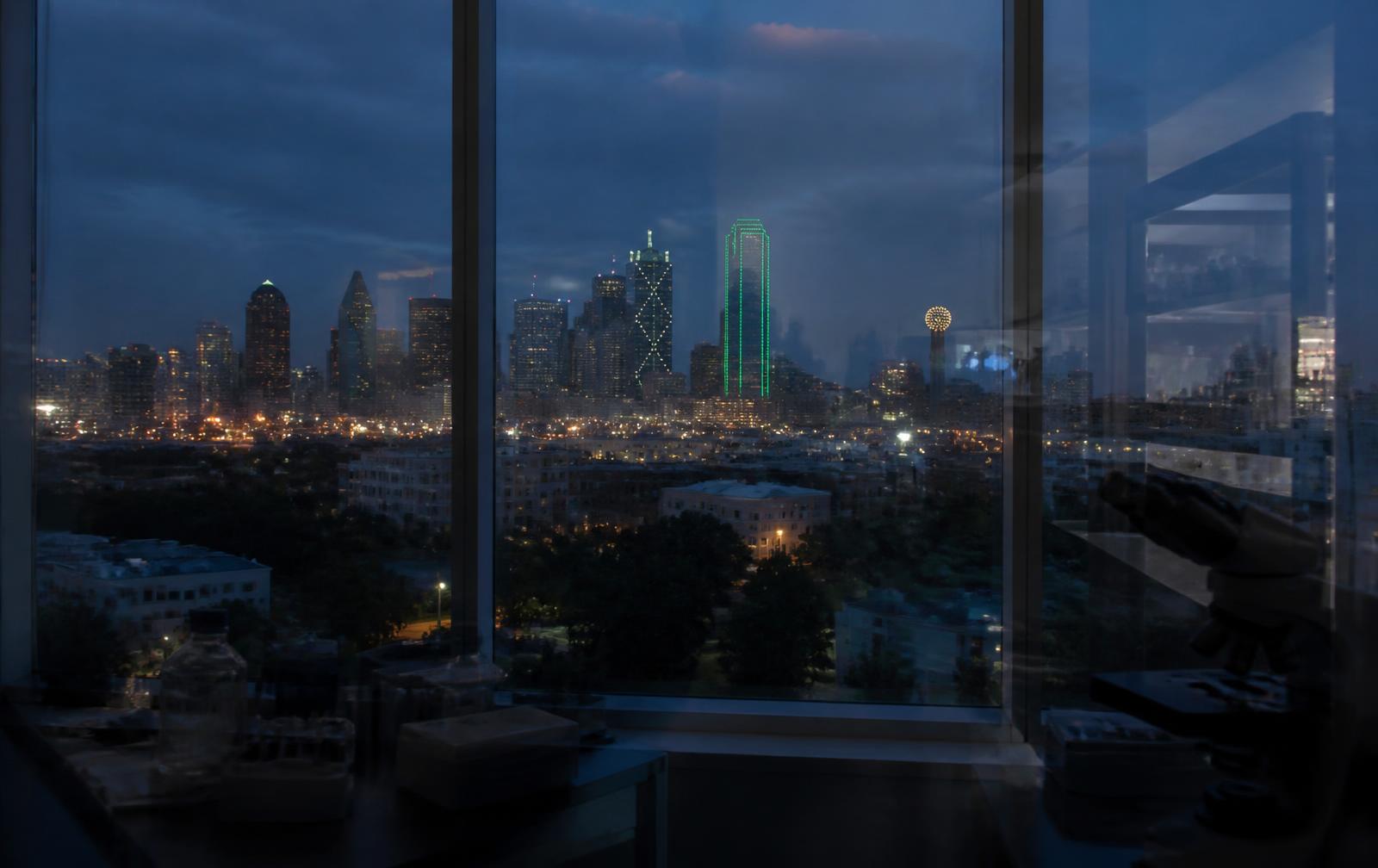 The Dallas skyline at dusk seen from a research building