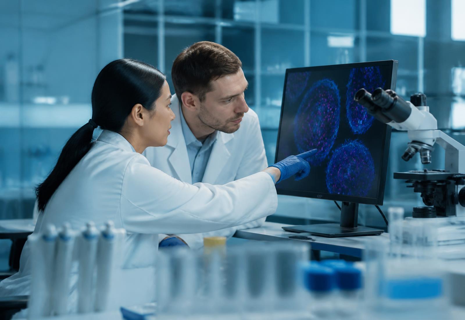 Two researchers reviewing cell imaging data on a monitor in a laboratory